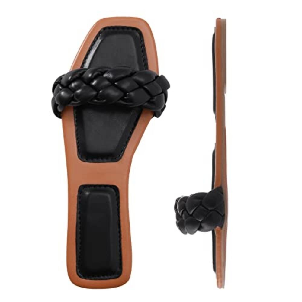 Black Flat Sandals Slides Cushion Comfort Sole Lightweight Travel Mules 8 New‎